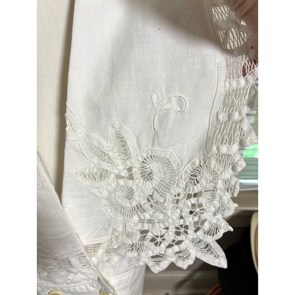 Vintage Paper White Embroidered Lace Open Front Linen Cotton Blouse Jacket 6 - Picture 6 of 12